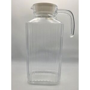Luminarc France Clear Ribbed Glass Square Pitcher with White Lid 1L Vintage